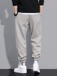 EURMUSE Men Letter Graphic Drawstring Waist Sweatpants - Light Grey - View 2