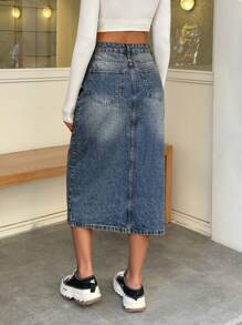 EURMUSE 100% Cotton WOMEN MID WAIST SLASH DETAIL MIDI SKIRT - Medium Wash - View 2