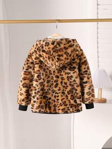 Chaqueta con estampado de leopardo esponjosa y de moda para niña, con diseño de patrón clásico de leopardo para mostrar un estilo de tendencia, cierre de cremallera completo para bloquear eficazmente el viento frío y mantener el calor en otoño e invierno, adecuada para uso diario informal, actividades al aire libre y viajes al aire libre - Gris - Ver 2