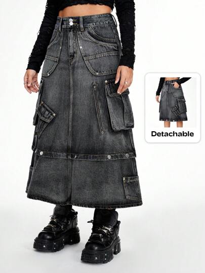 Grunge Punk Falda asimétrica con dobladillo de volantes desgastada de jean, estilo punk para mujer