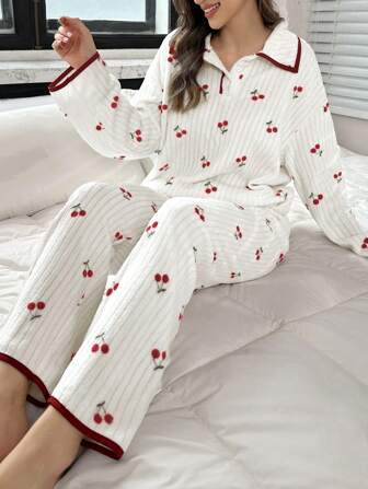 CottageSlumber Women's Plush Cherry Print Contrast Trim Half-Placket Turndown Collar Fluffy Pajamas Set, Autumn/Winter Holiday Season, Fall Winter Clothes, Cozy