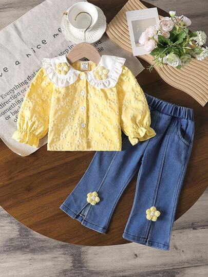 SHEIN Vintaside Kids 2 件套女宝宝新款蕾丝领纯色衬衫 + 喇叭裤韩版风格套装