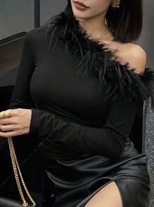 DAZY 女式毛茸茸拼接肩领修身 T 恤，春夏、秋装、返校服长袖女上衣 - 黑色 - 查看 4