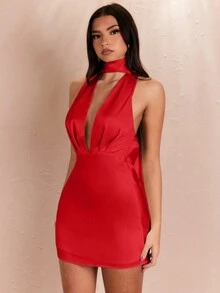 SHEIN BAE Women Solid Color Halter Neck Tie Dress - Red - View 5