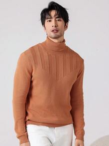 Manfinity Homme 男士纯色高领宽松休闲毛衣，秋冬 - 橘色 - 查看 3