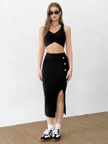 SHEIN Unity 2 peças de suéter simples sem mangas de cor sólida e saia de botão conjunto casual para mulheres - Preto - Ver 4
