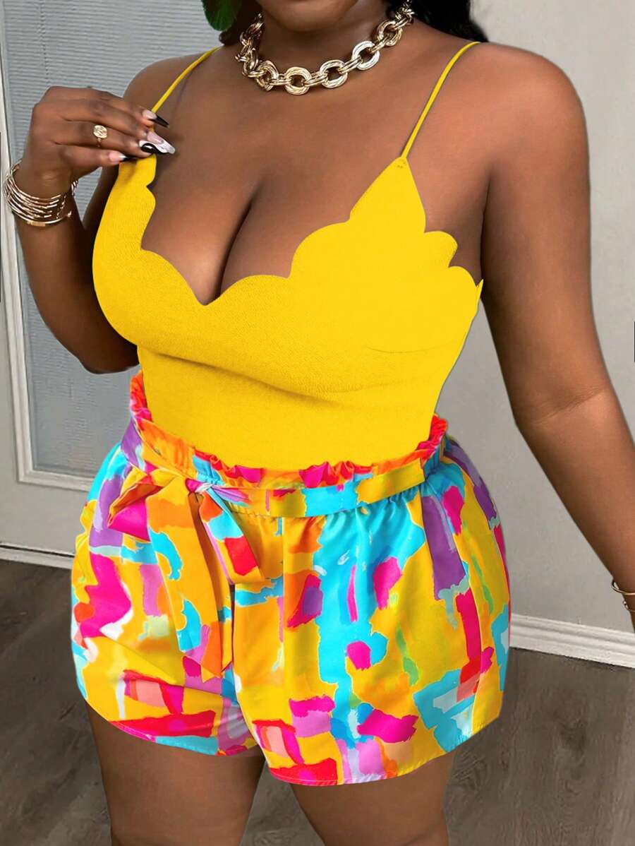 Slaydiva 大码夏季假期紧身吊带背心上衣，带花朵、抽象画印花和宽松短裤，女式 2 件套 - 黃色 - 查看 1