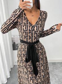 Mulvari Women's Geometric Print V-Neck Long Sleeve Knotted Waist Maxi Casual Arabian Style Modest Dress