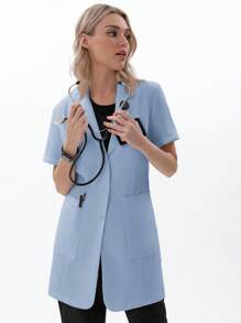 TaskEZ Women Scrubs  Uniform Button Front Hospital Nurse Scrub Dress Lab Coat Clothes 2 Front Pockets+ One Inner Pocket - Baby Blue - View 6