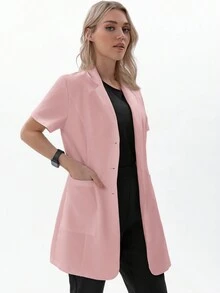 TaskEZ Women Scrubs  Uniform Button Front Hospital Nurse Scrub Dress Lab Coat Clothe 2 Front Pockets+ One Inner Pocket - Pink - View 6