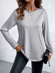 SHEIN LUNE Camiseta de manga larga con cuello redondo, espalda con recorte y detalle de lazo - Multicolor - Ver 2