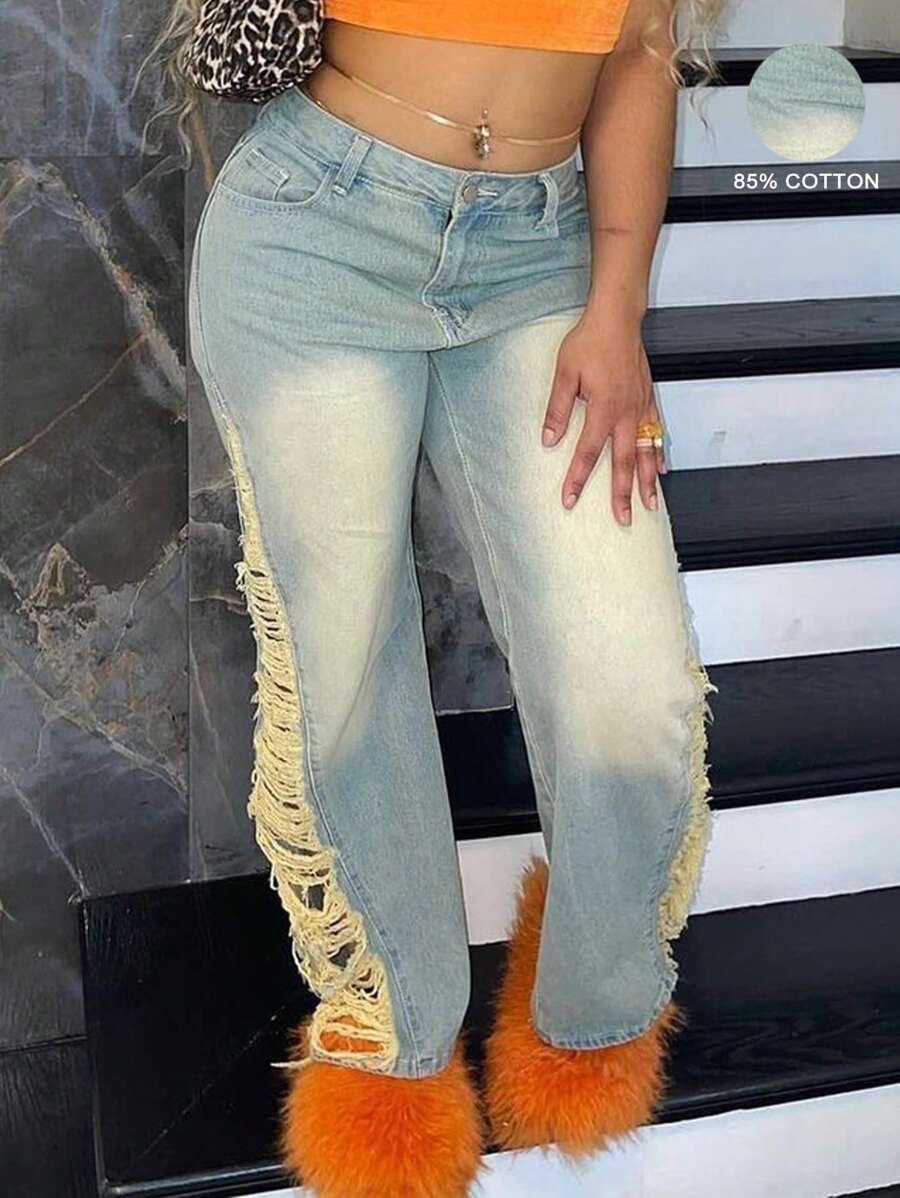 Quần jeans ống đứng rách hông phong cách retro thập niên 90, quần denim xanh dáng rộng cài nút, có khóa kéo, thích hợp cho mùa xuân và mùa thu, mặc thường ngày. - Màu xanh lam - Xem 1