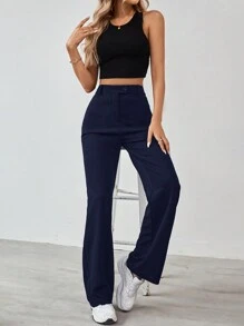 SHEIN Tall Women's Solid Color Zipper Built-In Straight Pants - Navy Blue - View 6