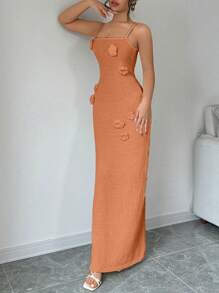 Chiquease 女士优雅 3D 花卉修身细肩带夏季连衣裙 - 駝色 - 查看 3