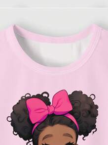 SHEIN 2 件套青少年女孩休闲可爱卡通非裔美国女孩，蝴蝶结、字母印花短袖 T 恤和裤子睡衣套装，舒适合身的青少年女孩睡衣，女孩睡衣，女孩秋装，女孩秋装，青少年女孩服装，女孩睡衣套装，粉色 - 彩色 - 查看 3