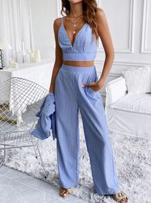 Calvaya Ladies' Striped Simple Daily Long Sleeve Top And Pants Set Fall Cloth For Women - Blue and White - View 4