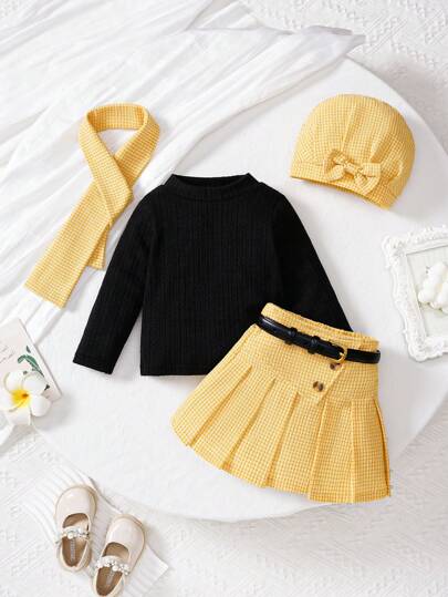 SHEIN Explorewe 4 件套女婴优雅粗花呢纹理裙子、提花毛衣、围巾和帽子，秋冬