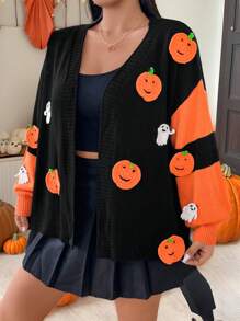 Flirla Cardigan Casual Aberto com Blocos de Cor Texturizada de Abóbora e Fantasma, para Outono e Halloween, em Plus Size