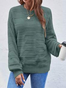 EMERY ROSE 纯色圆领长袖简约套头毛衣，休闲日常穿着，长袖上衣，秋冬针织衫 - 橄欖綠 - 查看 4