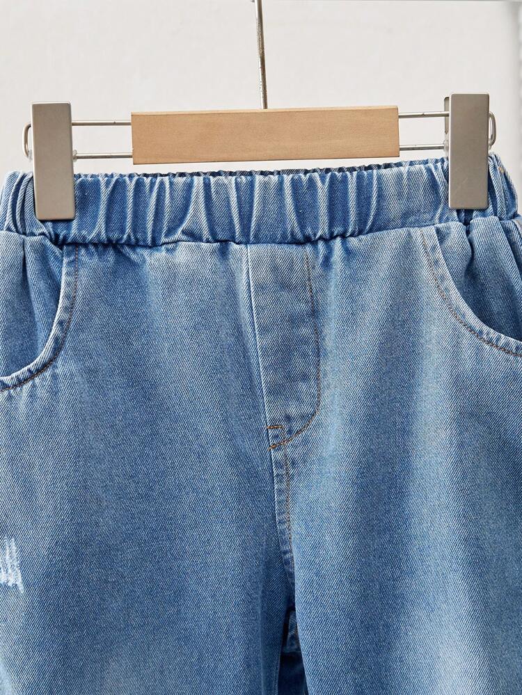 2pcs Young Boy Casual All-Match Stylish Sports Streetwear Korean Japan Minimalist Denim Effect Gray Crewneck Letter Print Sweatshirt And Denim Pants Set, Suitable For Autumn, Winter, School, Sports, Daily Wear