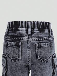 Pantalones vaqueros cargo de pierna ancha con cintura elástica, lavado desgastado y bolsillos múltiples, un esencial de moda para todo el año, estilo de calle moderno para niña bebé - Gris - Ver 6