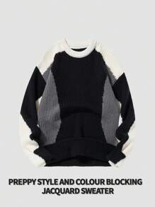 Manfinity Hypemode Áo len dài tay dáng rộng cổ tròn màu tương phản dành cho nam, mùa thu/đông - Nhiều màu - Xem 1