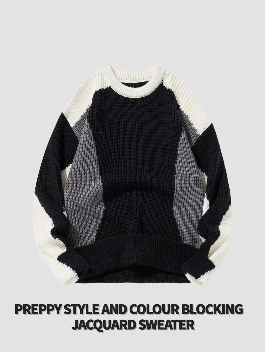 Manfinity Hypemode Áo len dài tay dáng rộng cổ tròn màu tương phản dành cho nam, mùa thu/đông - Nhiều màu - Xem 1