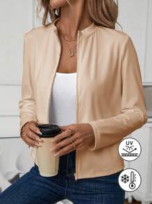 SHEIN LUNE Women's Casual Zip-Up White Yoga Jacket - كاكي - مشاهدة 1