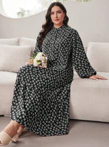 Al Najma Plus Size Ditsy Floral Lantern Sleeve Long Dress For Spring & Autumn, For Summer - Black and White - View 1
