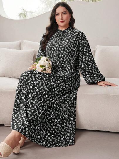 Al Najma Plus Size Ditsy Floral Lantern Sleeve Long Dress For Spring & Autumn, For Summer