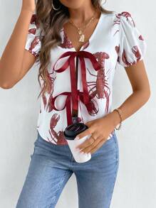 Chiquease All-Over Lobster Print Short Sleeve Button-Down Shirt, Casual Everyday Wear
