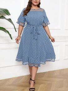 SHEIN Clasi Plus Size Mesh Contrast Polka Dot Print Short Sleeve Lace-Up Casual Dress, For Summer - Dusty Blue - View 1
