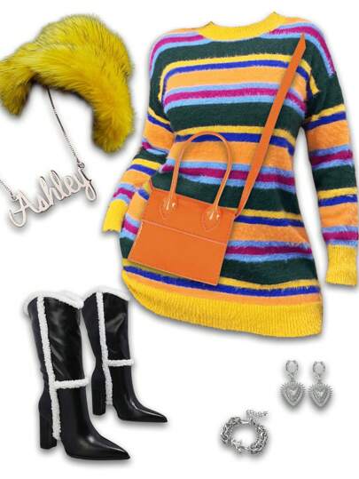 Slaydiva 秋冬款休閒彩色條紋露肩寬鬆貼身長袖拼接式仿貂毛女式圓領毛衣-A款