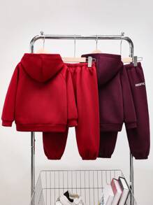 SHEIN 4pcs Young Boys Casual Minimalist Letter Printed Warm Thermal Lined Hoodie & Sweatpants Set, Suitable For Commuting, School, Daily, Sports, Autumn/Winter