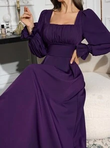 Modelyn 女士优雅纯色连衣裙，春秋季长款晚礼服 - 紫色 - 查看 5