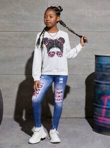 Set de 2 piezas de sudadera con gráfico y leggings con efecto de mezclilla para niñas preadolescentes - Multicolor - Ver 4