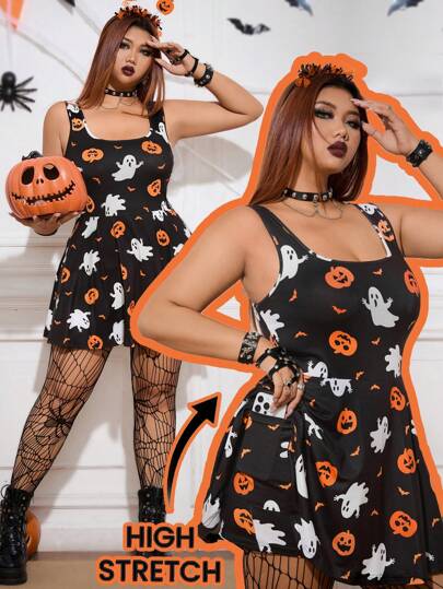 SHEIN EZwear Mono de unicolor con cuello redondo, sin mangas, volante en el bajo, con bolsillos, para mujer de talla grande, para uso casual, entrenamiento, yoga, escuela, escenas al aire libre, Halloween, ropa de Halloween, curvas de Halloween, calabaza, espeluznante