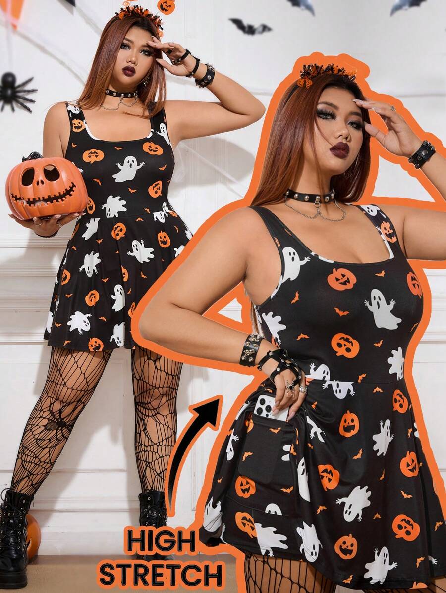 SHEIN EZwear Plus Size Women Crew Neck Sleeveless Ruffle Hem Solid Color Jumpsuit With Pockets, For Casual, Workout, Yoga, School, Outdoor Scenes, Halloween,Halloween Clothes,Halloween Curve,Pumpkin,Spooky