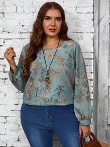 EMERY ROSE Plus Size Women's Round Neck Long Sleeve Allover Print Casual Blouse