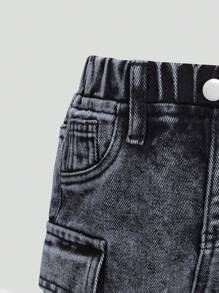 Pantalones vaqueros cargo de pierna ancha con cintura elástica, lavado desgastado y bolsillos múltiples, un esencial de moda para todo el año, estilo de calle moderno para niña bebé - Gris - Ver 5