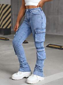 SHEIN Tween Girls Tween Girls Y2K Stonewashed Denim Cargo High Waisted Flared Pants With Pleats And Flap Pocket Stacked Jeans,Tween Girl Back To School Fall Clothes Outfits - Blue - View 3