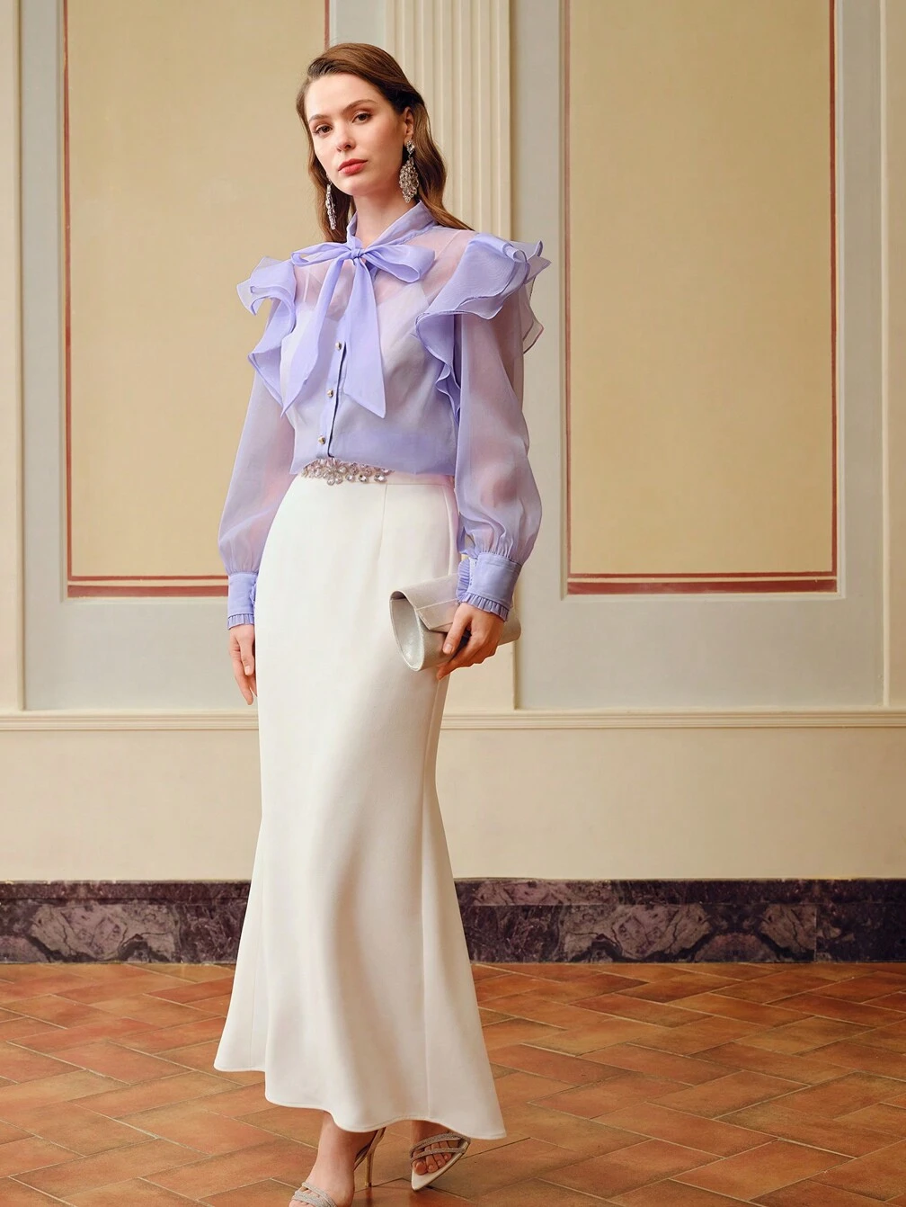 ZEYLAH ORGANZA TIE NECK RUFFLE TRIM LANTERN SLEEVE BLOUSE｜Motf