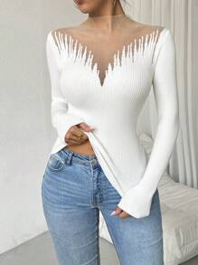 SHEIN Essnce 2024 Autumn Winter New Sheer Mock Neck Slim Fitted Knit Top For Women