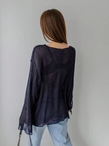 DAZY Áo cánh voan rộng rãi hở vai một hàng khuy đơn màu thời trang xuân hè cho nữ - Màu xanh hải quân - Xem 5