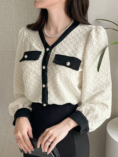 DAZY Women's Contrast Color V-Neck Textured Long Sleeve Top,Fall Clothes