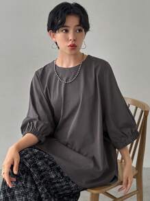 FRIFUL 女式夏季宽松休闲纯色圆领蝙蝠袖 T 恤，荷叶边 - 深灰色 - 查看 8