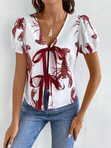 Chiquease All-Over Lobster Print Short Sleeve Button-Down Shirt, Casual Everyday Wear