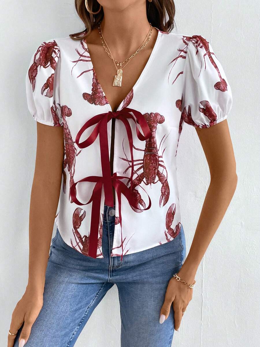 Chiquease All-Over Lobster Print Short Sleeve Button-Down Shirt, Casual Everyday Wear