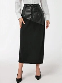 Modelyn Women's Solid Color Front Button Simple A-Line Skirt, Casual Daily Wear - Black - View 1