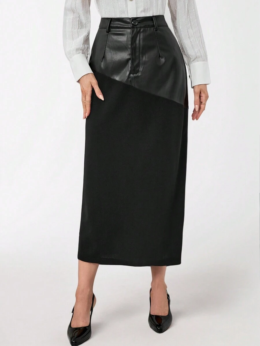 Modelyn Women's Solid Color Front Button Simple A-Line Skirt, Casual Daily Wear - Black - View 1